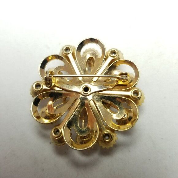 Vintage AB Rhinestone Flower Round Brooch, Gold Tone Setting, Retro Sparkle Pin - Picture 3 of 6